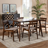 Baxton Studio Delvin/Fiesta-Latte/Walnut-5PC Dining Set Eleri Mid-Century Modern Transitional Light Beige Fabric Upholstered and Walnut Brown Finished Wood 5-Piece Dining Set